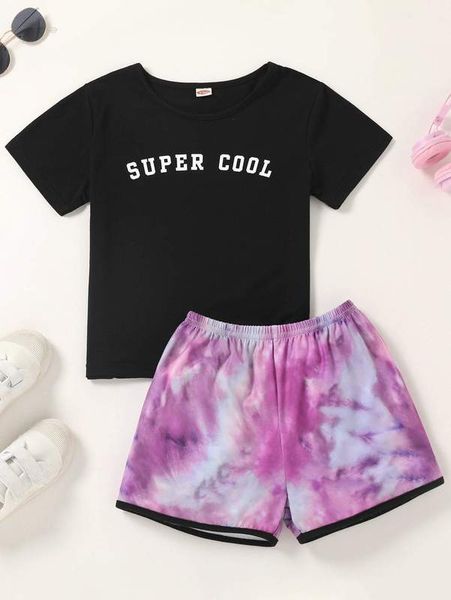 

girls letter graphic tee & tie dye shorts she, White