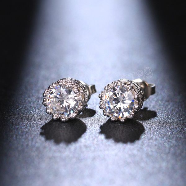 

minimalist retro zirconia round stud earrings for women shiny fashion bridal wedding earrings jewelry silver prom gift, Golden;silver