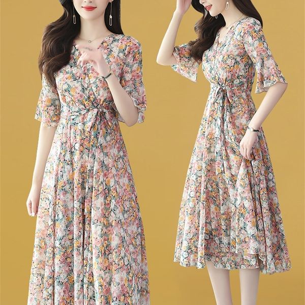 

casual dresses short sleeved chiffon dress women's summer 2022 style temperament foreign small amazing floral skirt 5t3c, Black;gray