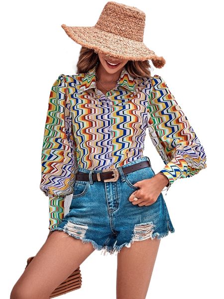 

allover print bishop sleeve shirt 34hu#, White