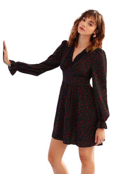 

heart print flounce sleeve dress c7wy#, Black;gray