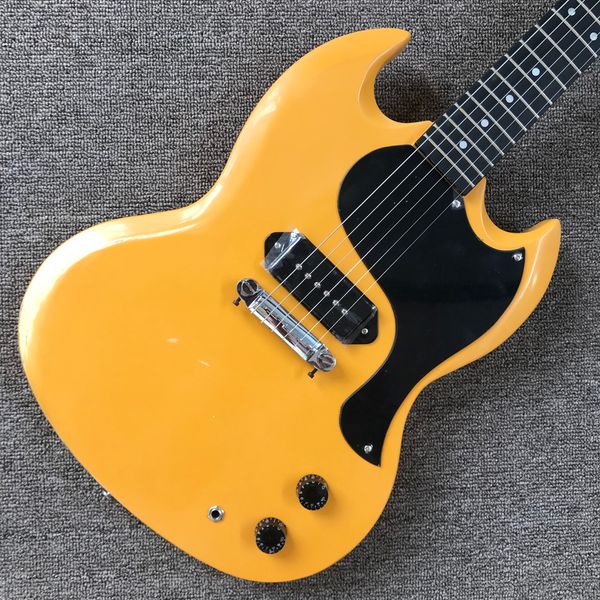 

relic sg electric guitar, ebony fingerboard, chrome hardware, one p90 pickup, cream yellow, solid mahogany guitar, 001