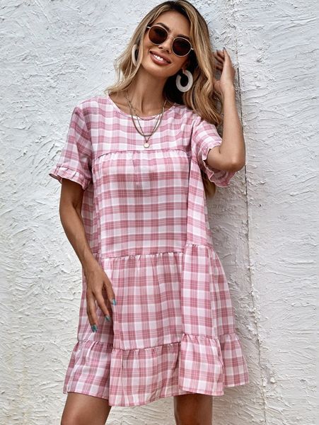 

plaid ruffle hem smock dress 44ef#, Black;gray