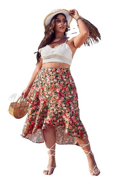 

plus allover floral print asymmetrical ruffle hem skirt h6hk#, Black