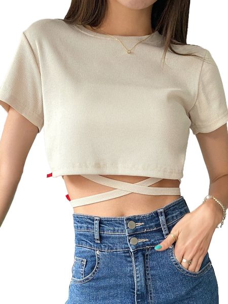 

dazy criss-cross tie back crop tee a8ss#, White