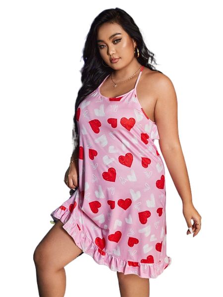 

plus heart print ruffle trim cut out back nightdress h91o#, Black;white