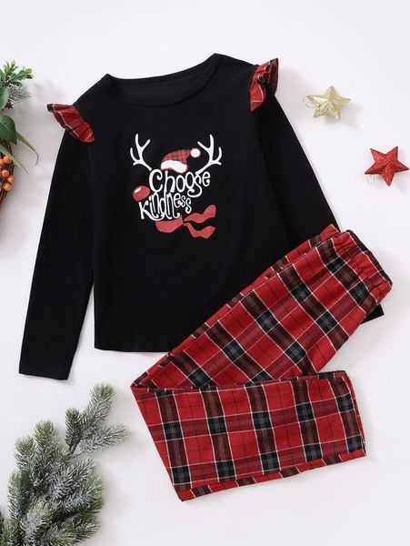 

girls christmas print ruffle trim tee with plaid pants she, White