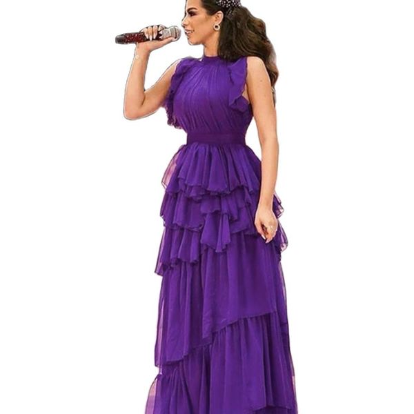 

chiffon prom dresses 2022 purple ruffle tiered sleeve long evening gowns formal party, Black
