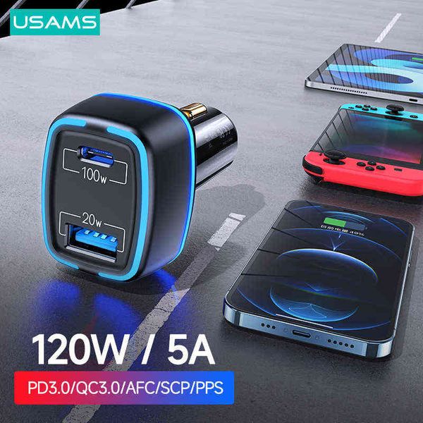 Usams 120w Carregador de carro rápido PD QC3.0 AFC SCP PPS PPS dual carregador de telefone USB para iphone xiaomi huawei samsung laptops tablet switch w220328