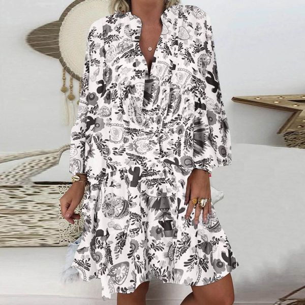 

casual dresses ruffles loose v-neck dress women summer long sleeve floral print woman 2022 fashion white beach, Black;gray