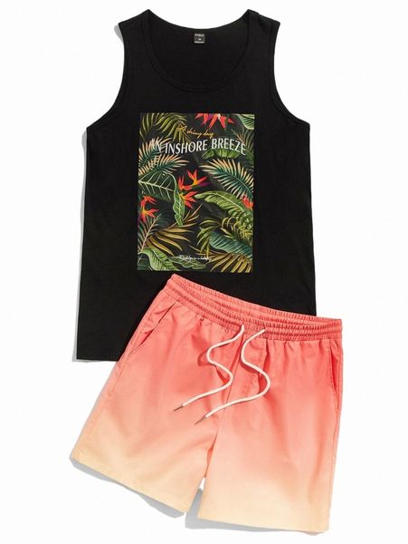 

men letter & tropical print tank & ombre drawstring waist shorts a0f2#, Gray
