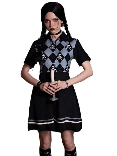 

romwe dark academia skull & argyle graphic button front dress t6xv#, Black;gray