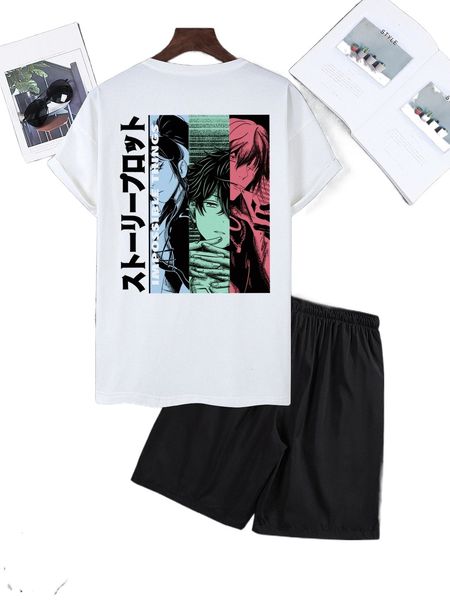 

men figure & japanese letter graphic tee & drawstring waist shorts y3qv#, Gray