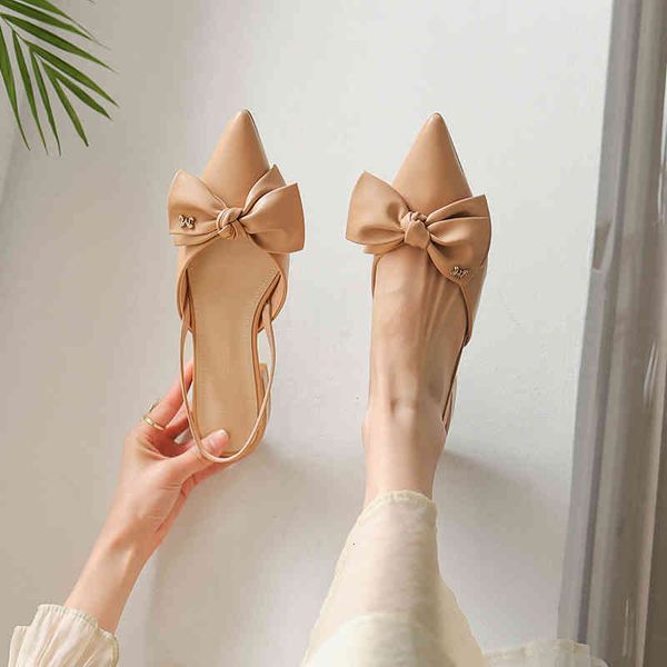 

sandals baotou sandals women's low heel french bow pointed single shoes full leather thick summer fairy wind hind trip belt 936w, Black