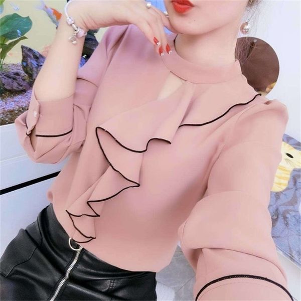 

women spring summer style chiffon blouses shirts lady casual long sleeve ruffles decor stand collar chiffon blusas df3148 210412, White