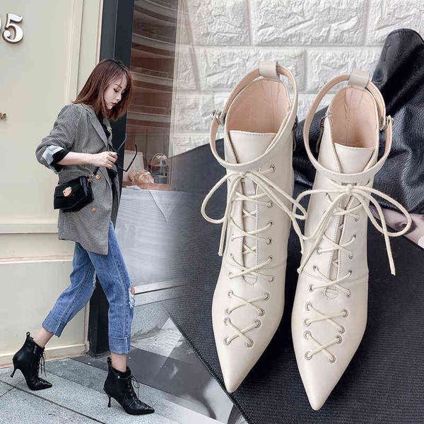 

women boots new shoes genuine leather ankle boot zipper be toe thin heels zapatos de mujer cross-bound modern 220607, Black