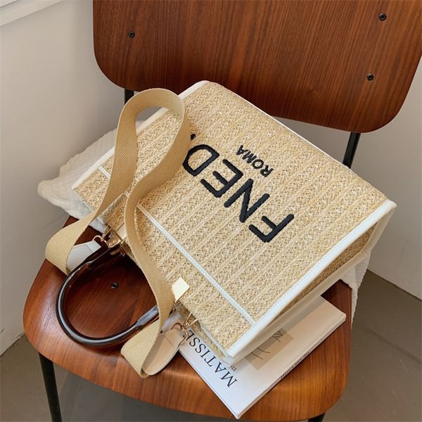 

factory online sales 2022 summer new ins straw woven large capacity hand letter wide shoulder strap single shoulder messenger bucket women&#
