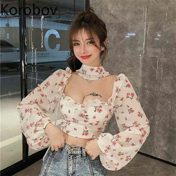 

korobov summer arrival women chiffon blouses vintage print square collar long sleeve shirts beach style crop blusas 210326, White