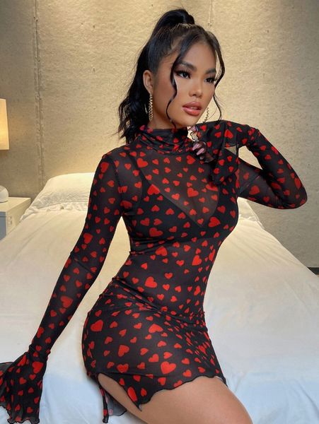 

allover heart print split hem sheer mesh dress f0ub#, Black;gray