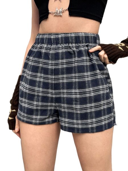 

tartan print elastic waist shorts v7zh#, White;black