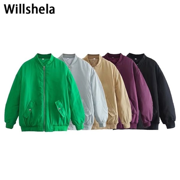 Willshela Women Fashion With Pockets Solid Front Zipper Jackets Coat vintage Oneck mangas compridas femininas chiques Outwears 220803