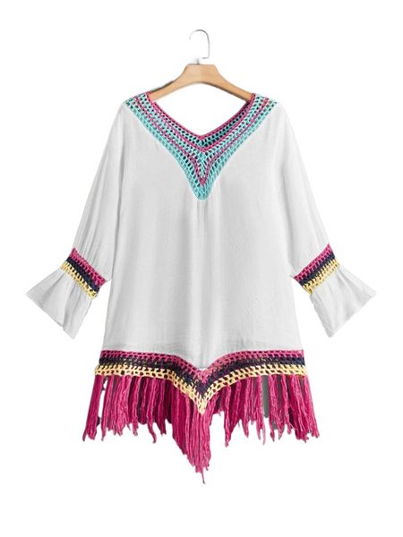 

plus colorblock flounce sleeve fringe hem cover up 591n#, Black