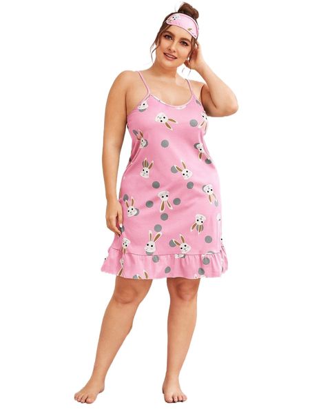 

plus rabbit print ruffle hem cami dress with eye cover m4st#, Black;white