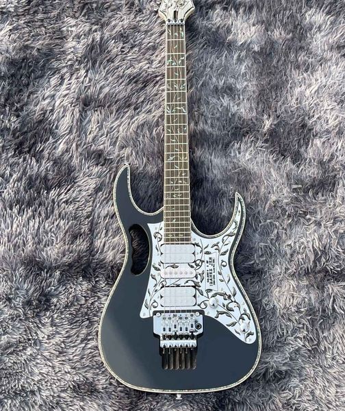 Seltenes 10th Anniversary Steve 7 Black E-Gitarren-Aluminium-Schlagbrett, Palisander-Griffbrett, Korpusbindung aus echtem Abalone, Vine-Inlay, Floyd Rose Tremolo-Brücke