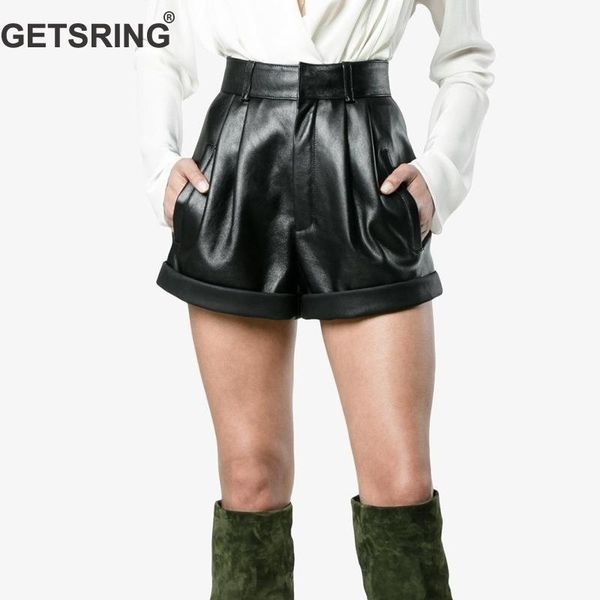 

getsring women shorts pu leather womens shorts solid high waist shorts all match black short pants fashion leisure trousers y200403, White;black