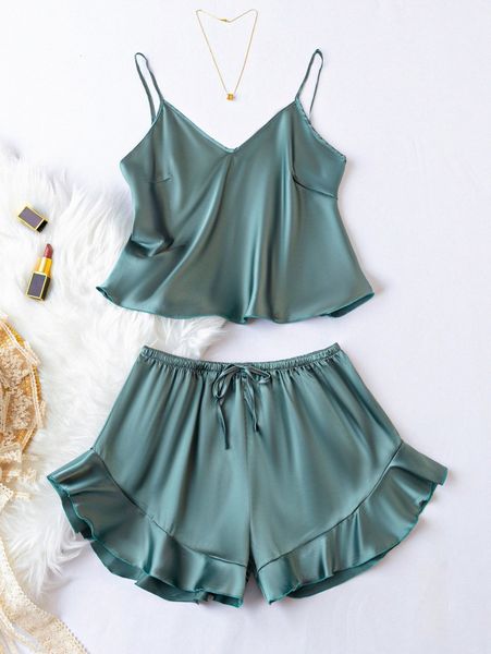 

ruffle hem satin pj set j0xl#, Black;red