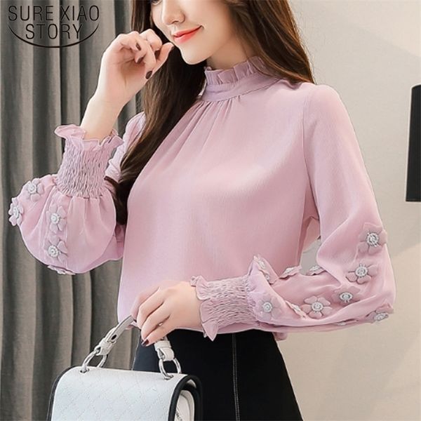 

new arrival womens and blouses stand long sleeve chiffon blouse pink female clothes loose office 6939 50 201201, White