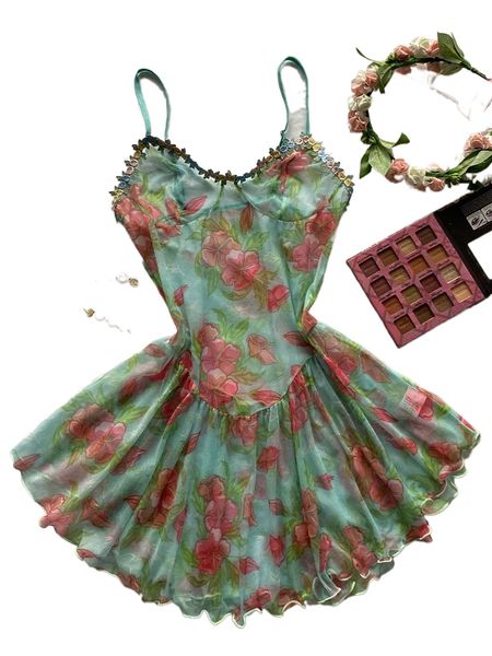 

floral print mesh appliques lettuce trim contrast binding slips v2my#, Black;red