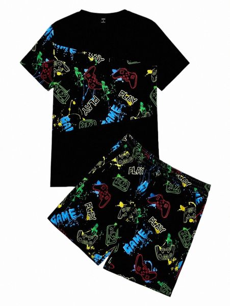 

men letter & cartoon graphic tee & drawstring shorts m7wa#, Gray
