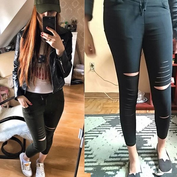 

shredded pants high waist pant pantalon drawstring waist skinny trouser leggings hole sweatpants y200418, Black;white