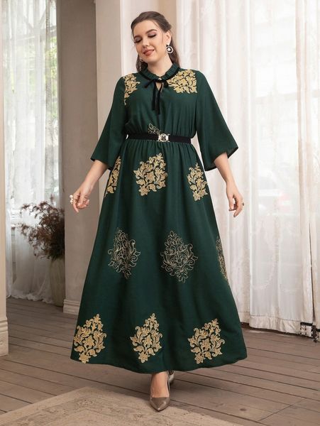 

plus random floral embroidery frill tie neck dress without belt e0g5#, Black