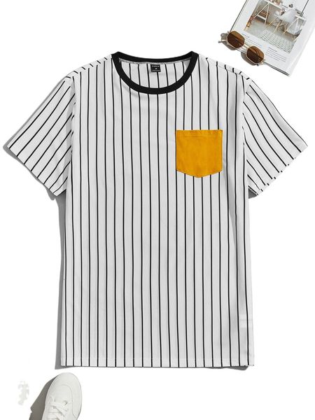

men striped contrast pocket tee 25z2#, White;black