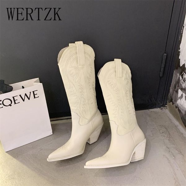 Moda emed microfibra couro botas femininas dedo do pé apontado cowboy ocidental na altura do joelho cunhas grossas 220813 gai gai gai