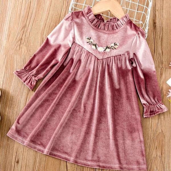 

little girl flower embroidery lotus leaf sleeve velvet dress she, Red;yellow