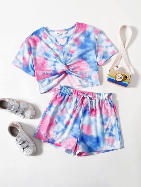 

girls twist front tie dye tee & track shorts set she, White