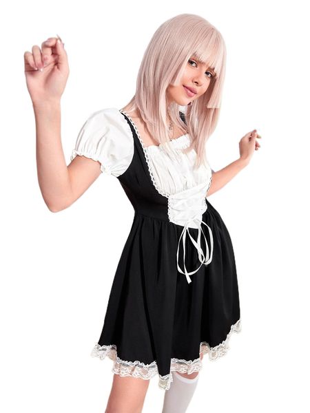 

romwe kawaii 2 in 1 ruched bust lace up dress c1sr#, Black;gray