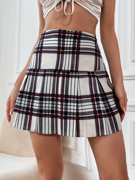 

high waist plaid pleated skirt 66mm#, Black