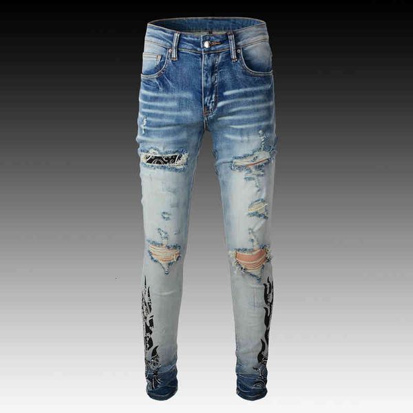 

men's jeans high street fashion brand hole black flame print patch light elastic slim fit men c19v, Blue