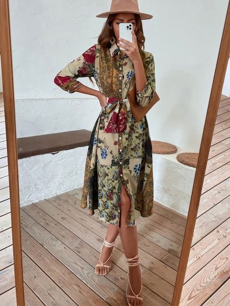 

allover floral print shirt dress with belt c83c#, Black;gray