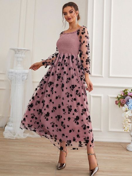 

floral print flounce sleeve shirred dress d3hj#, Black;gray