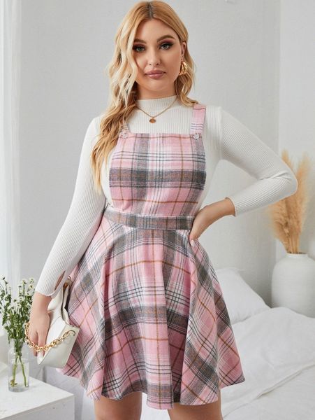 

plus plaid flared hem overall dress e0vh#, Black