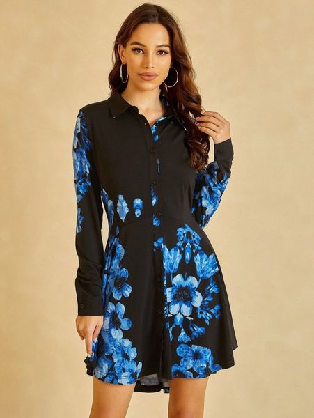 

unique21 floral print button front shirt dress t7v9#, Black;gray