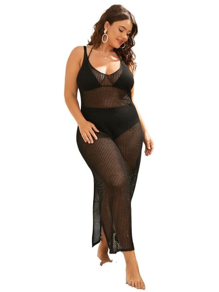

plus solid fishnet cover up dress m7yf#, Black