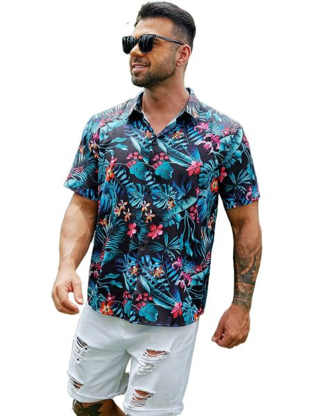 

extended sizes men random tropical print shirt n6eo#, White;black