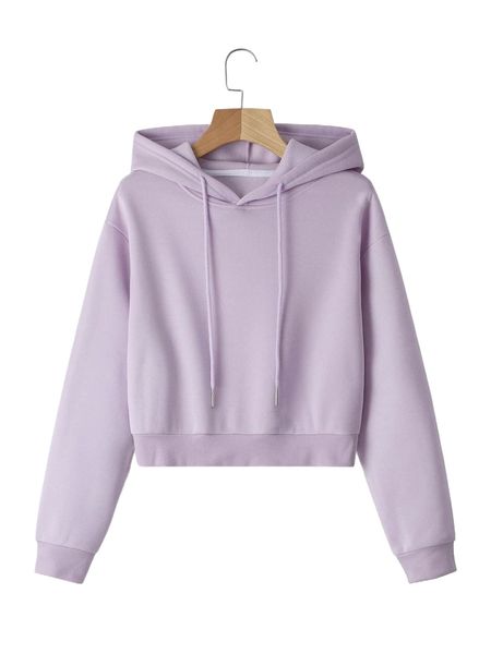 

solid drawstring crop thermal lined hoodie q6e5#, Black