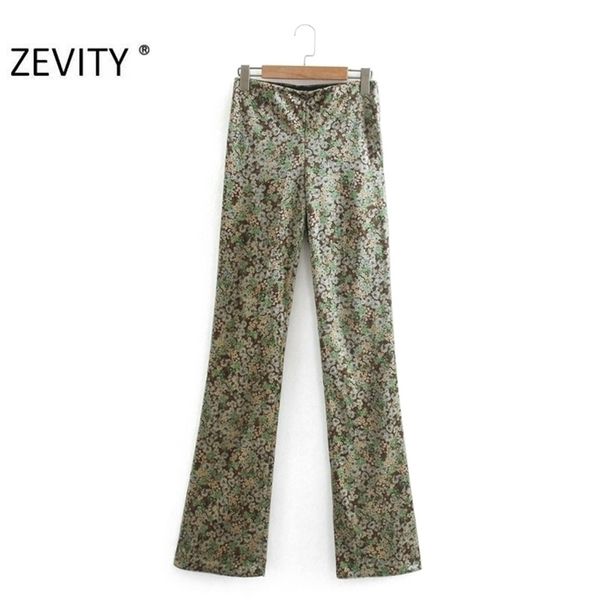

zevity women vintage flower print slim velvet pencil pants femme side zipper fly trousers lady retro casual chic pants p958 201228, Black;white